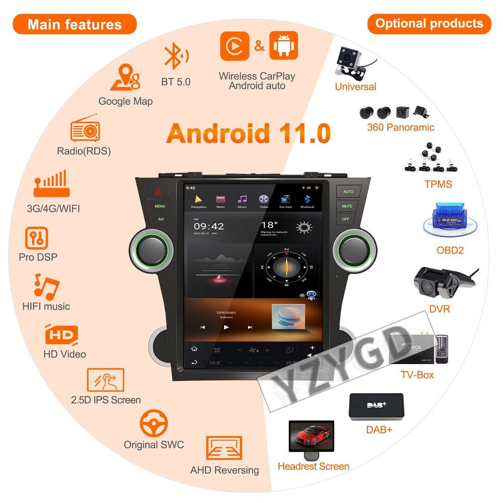 for Toyota Highlander 2009-2013 Stereo Android CarPlay Car Radio Receiver Screen