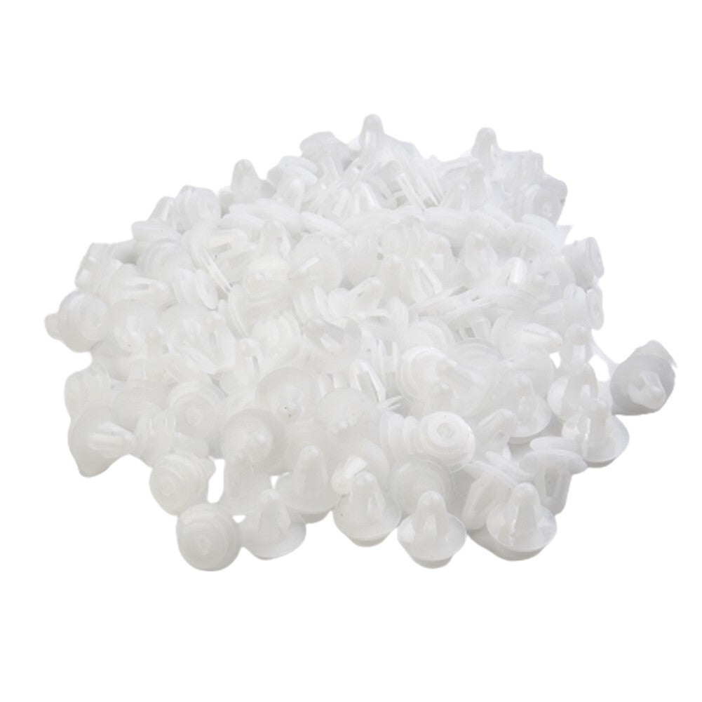 Rivet clamp retainer, push-type, 9mm hole, 100 pieces, white plastic bumper