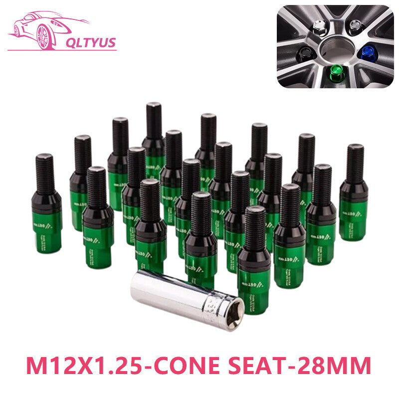 20PC 28mm M12x1.25 Wheel Lug Bolts Cone for Seat Studs for Jeep for Chrysler for Dodge Green