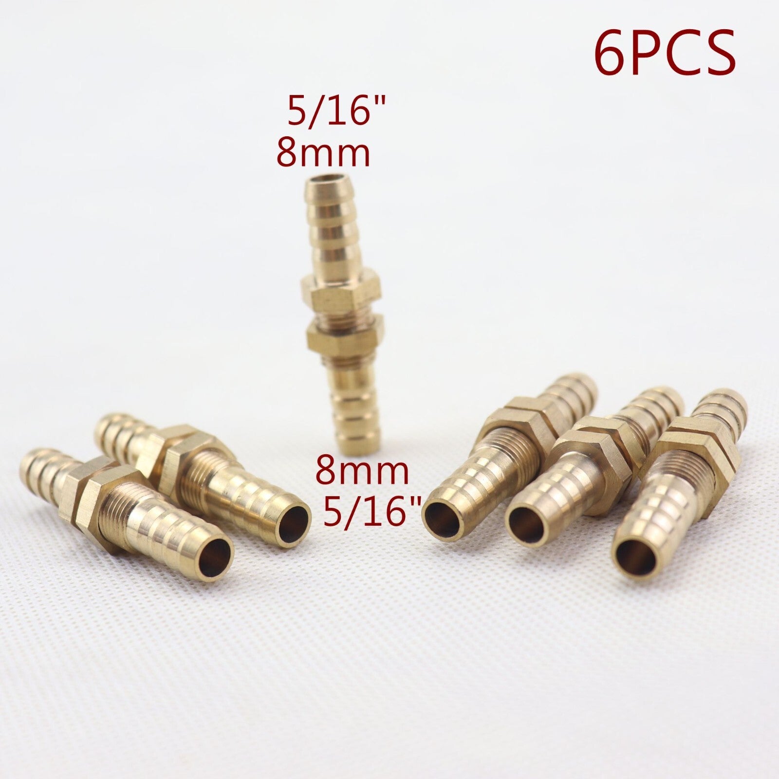 6Pcs 5/16(8mm ) Hose Barb Brass Bulkhead Pipe Fitting Coupler Connector Adapter