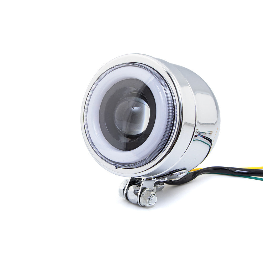 Suitable for Cafe Racer Bobber motorcycles, amber LED headlights, spot fog lights, and angel eyes.