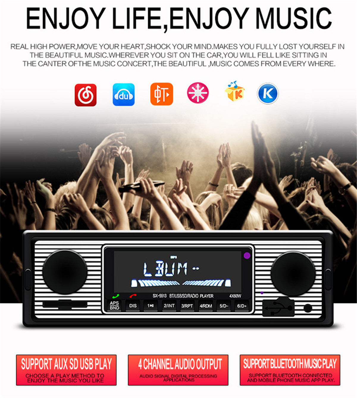 Car MP3 Stereo Radio Player In-Dash Bluetooth 4-CH Output FM USB AUX In Remote
