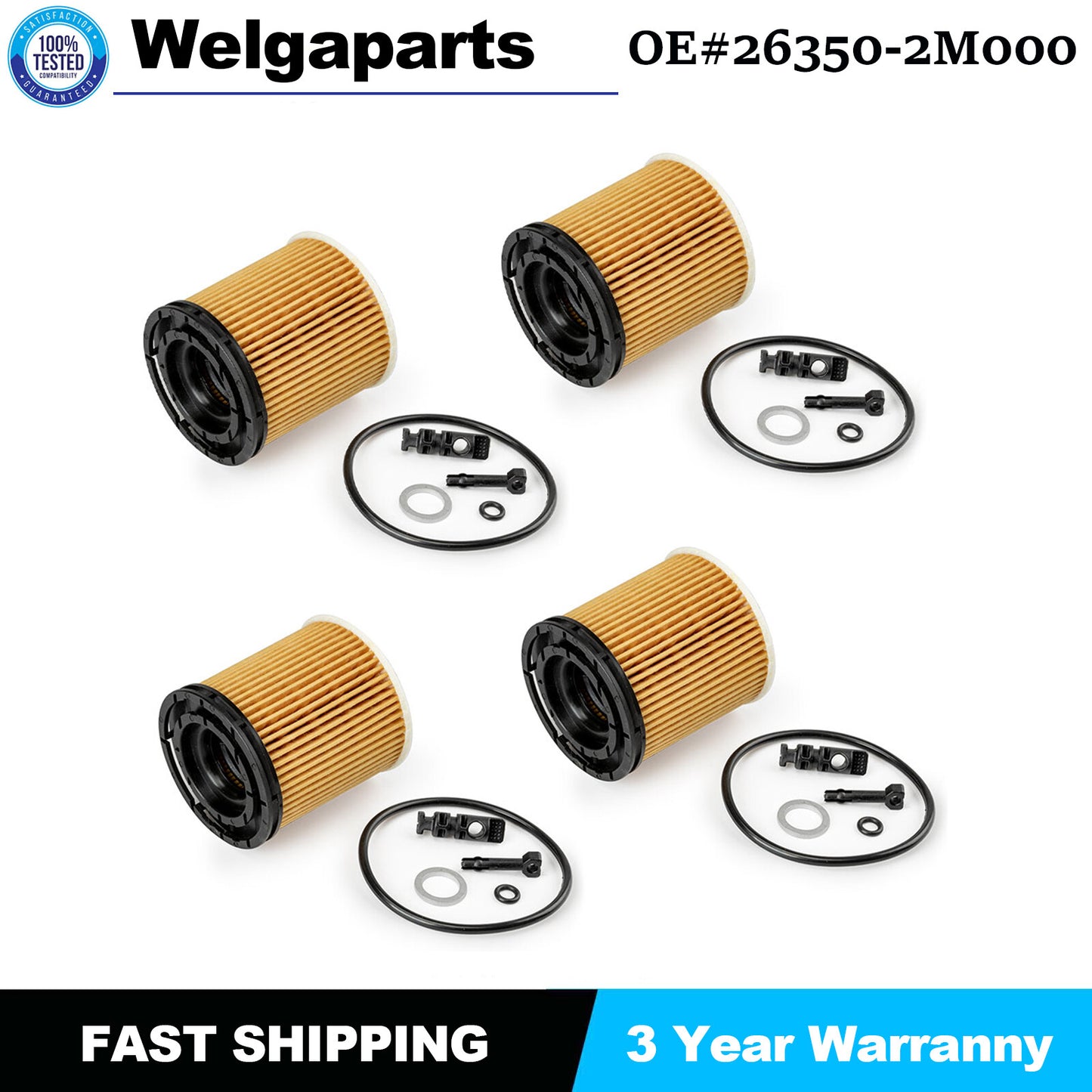 Set of 4 26350-2M000 for Kia Rio 1.6L Engine 19-20 New Engine Oil Filter w/Seals