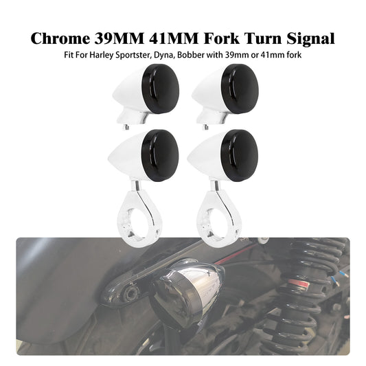 4x Chrome Front Rear LED Turn Signal Light 39 41mm Fork w/ Black Lens for Harley