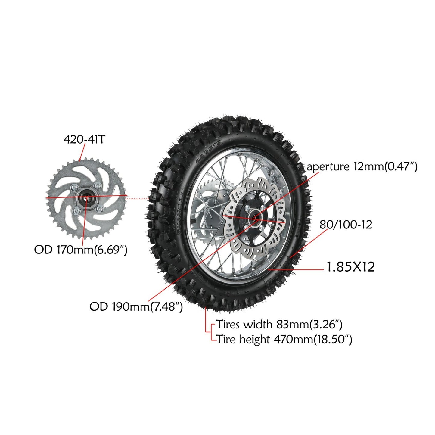 12 Rear Wheel Assembly 80/100-12 Tyre Rim 3.00-12 Dirt Bike Atomik 70/110/125cc
