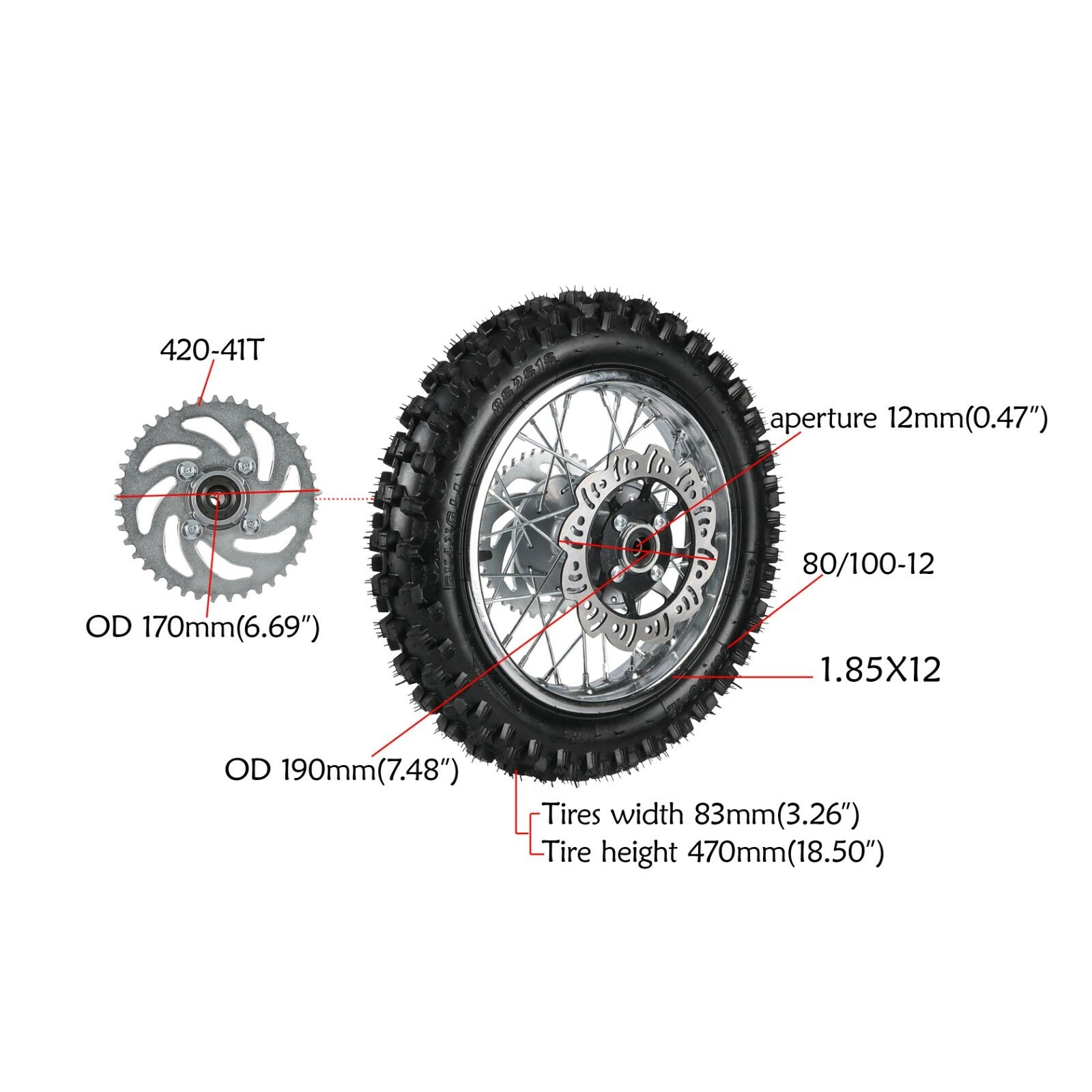 12 Rear Wheel Assembly 80/100-12 Tyre Rim 3.00-12 Dirt Bike Atomik 70/110/125cc