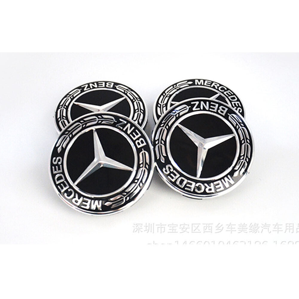 4-piece set of 75mm wheel center hubcaps with logo badge stickers for Mercedes-Benz
