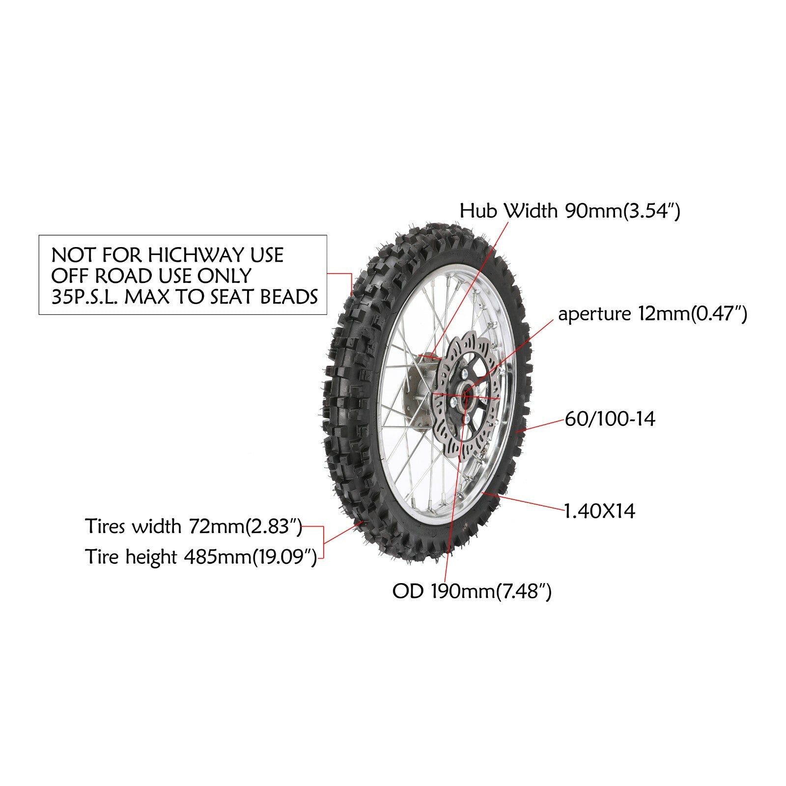 12mm 60/100-14 front tire rim assembly disc brake SSR 110 125cc pit bike