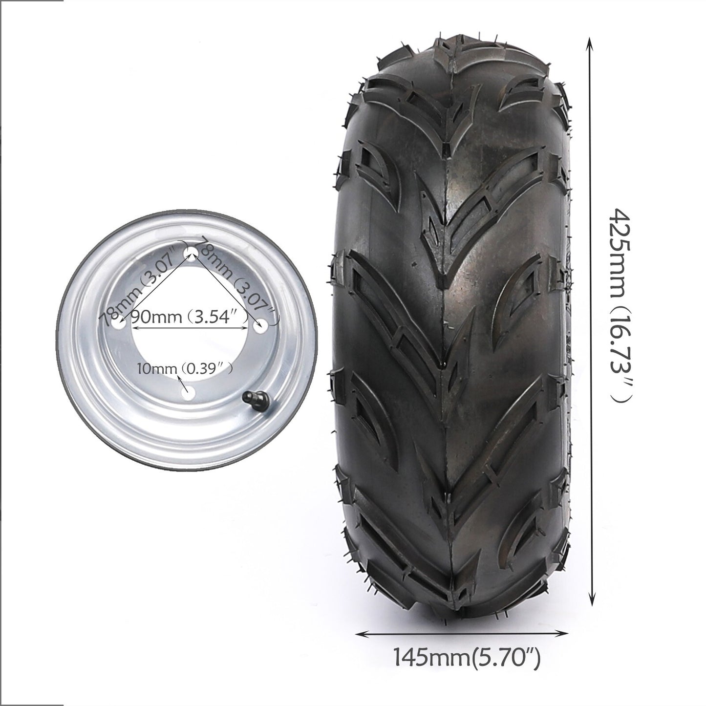 2-pack of 16x8-7 tires with 4 studs and 16/8-7 rims (16x8x7 + 110mm 23T wheels) for go-karts and all-terrain vehicles.