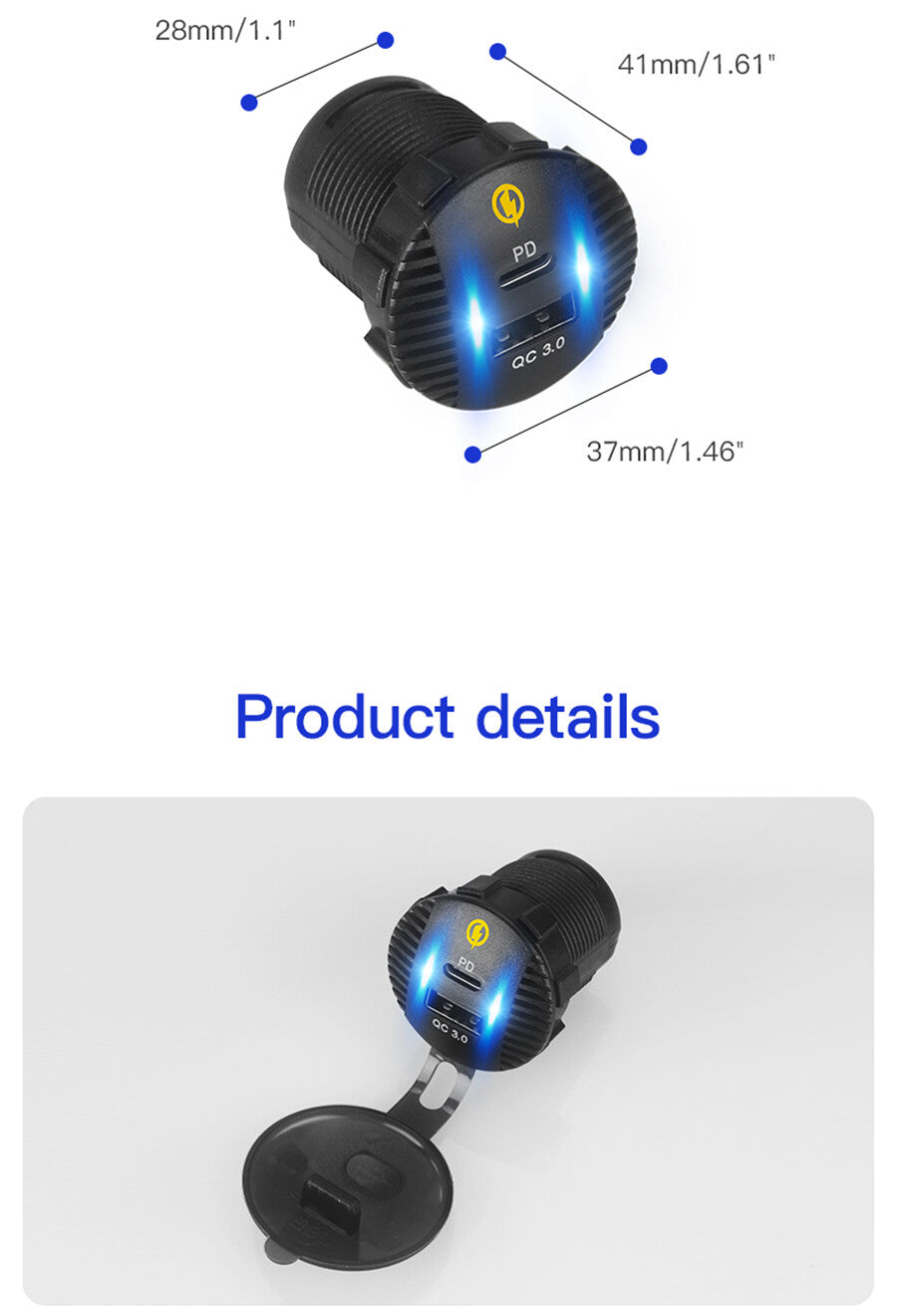 12-24V Dual USB PD QC3.0 Car Charger Socket LED Power Outlet Kit Waterproof