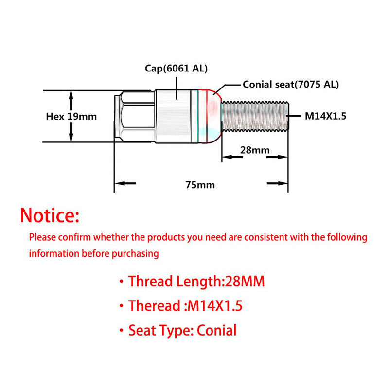 Blue 20-piece M14x1.5 wheel cam bolt tapered for seat stud 28mm kit suitable for most aftermarket applications.