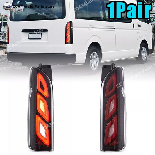 A pair of transparent LED taillights for 2005-2018 for Toyota Hiace with animation.
