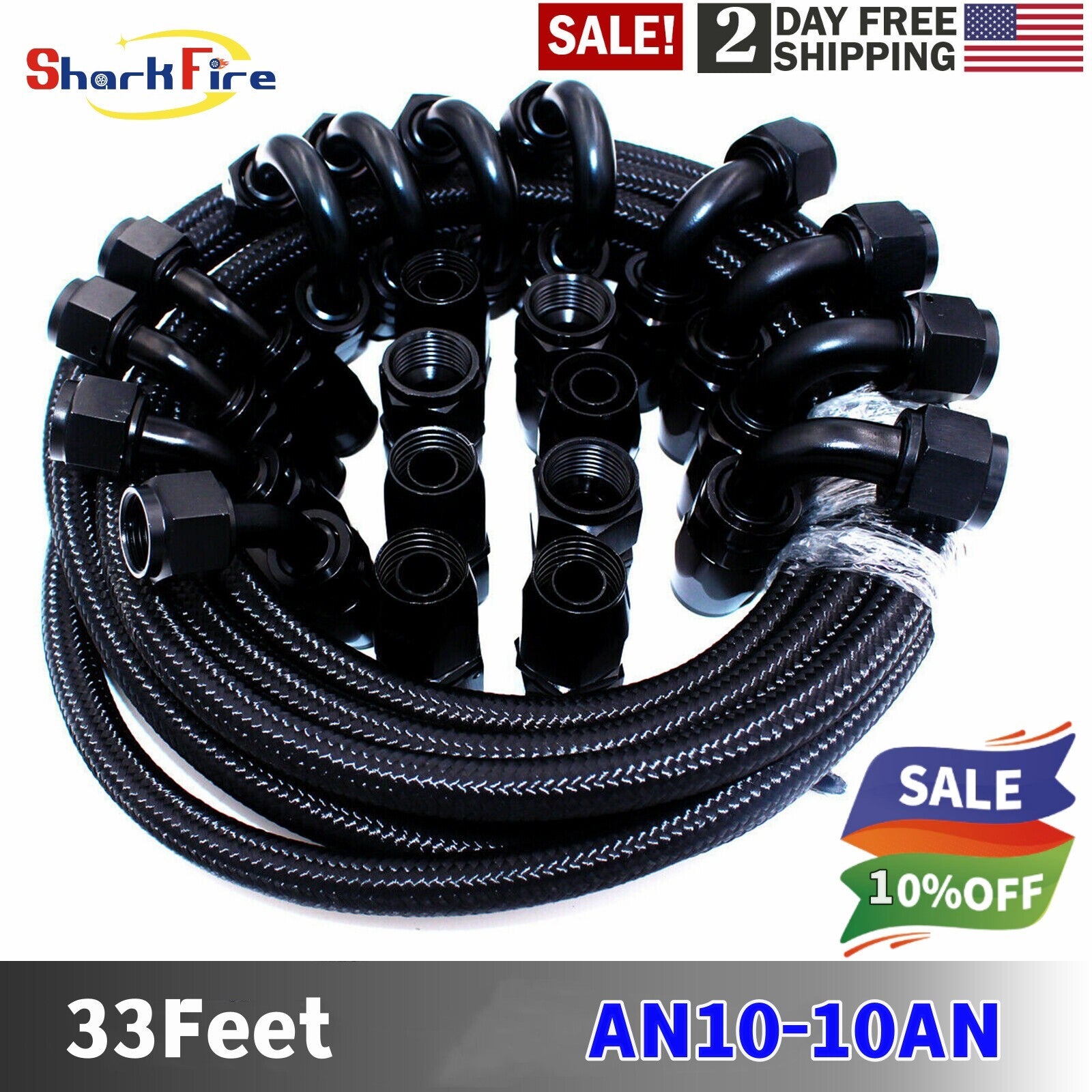 33ft AN-10 10AN Fittings Stainless Steel Nylon Braided Fuel Oil Hose Line Kit