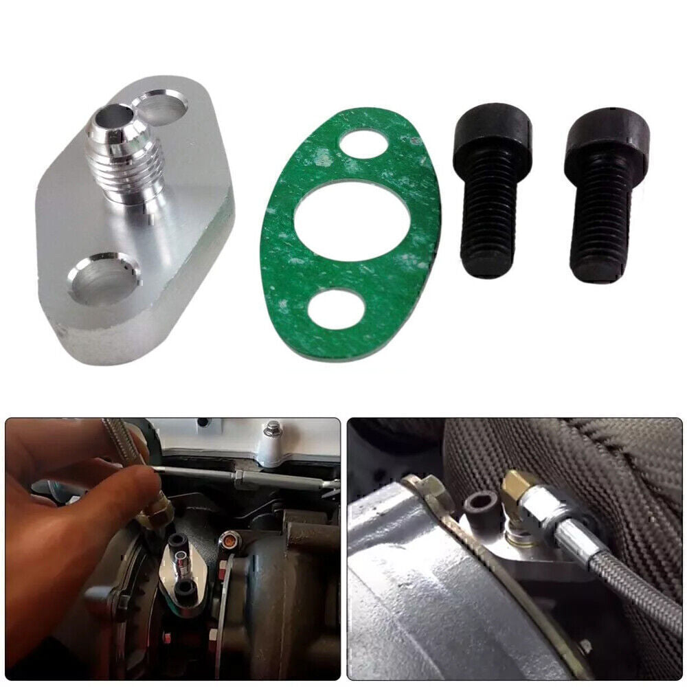 Turbo Oil Feed Inlet Flange w/ Gasket 4-AN Adapter Kit For AN4 T3 T3 T04 T4