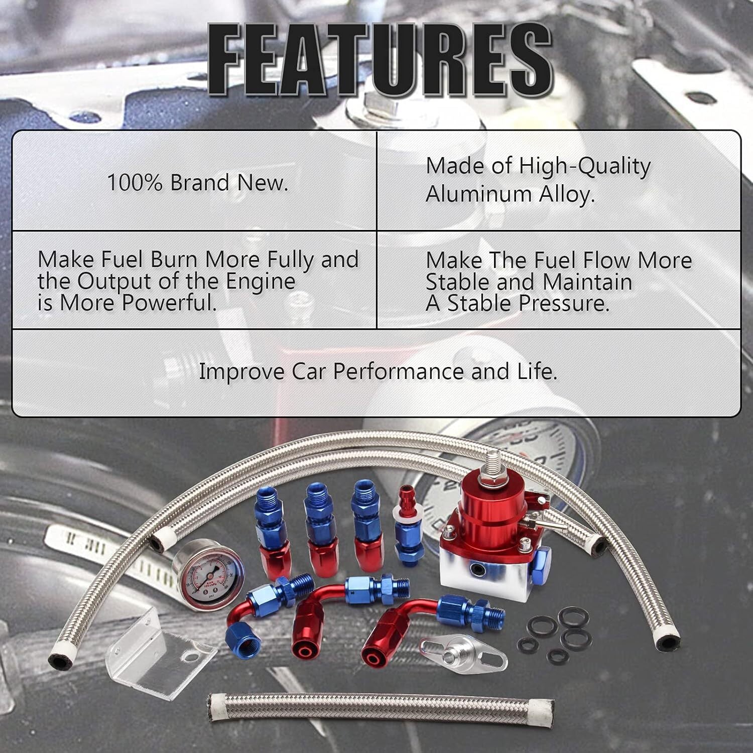 Adjustable EFI fuel pressure regulator kit 0-100psi, pressure gauge 6AN, fuel line