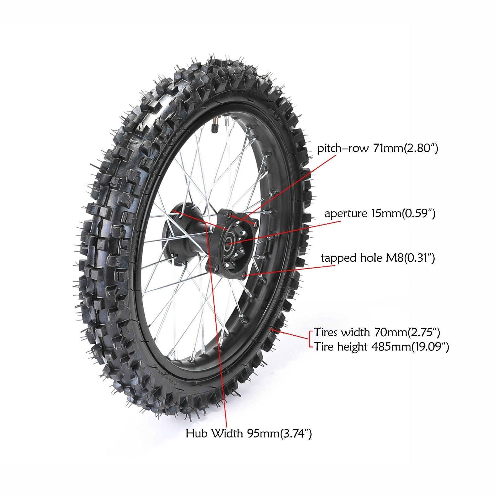 12-inch and 14-inch wheels, 60/100-14 and 80/100-12 tires, front fork, shock absorber, brake kit, CRF70