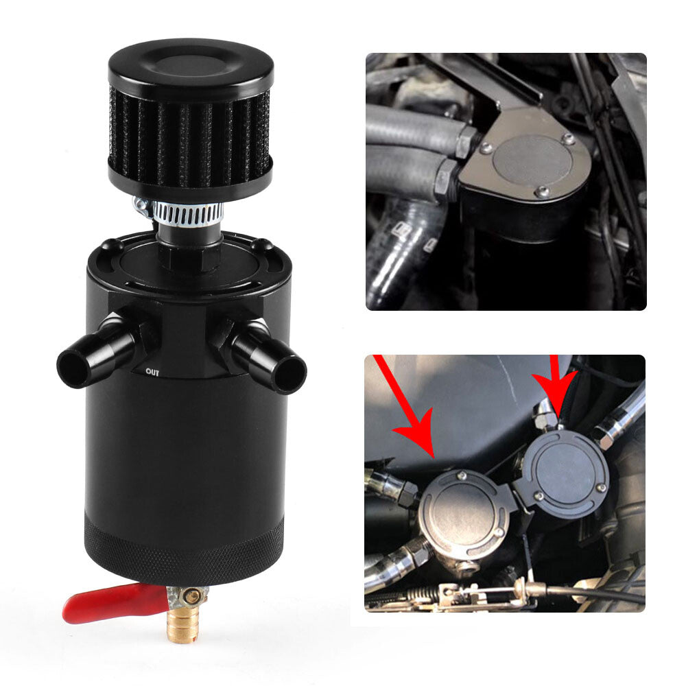 Universal 2-Port Oil Catch Can Tank Reservoir With Filter Compact Baffled Parts