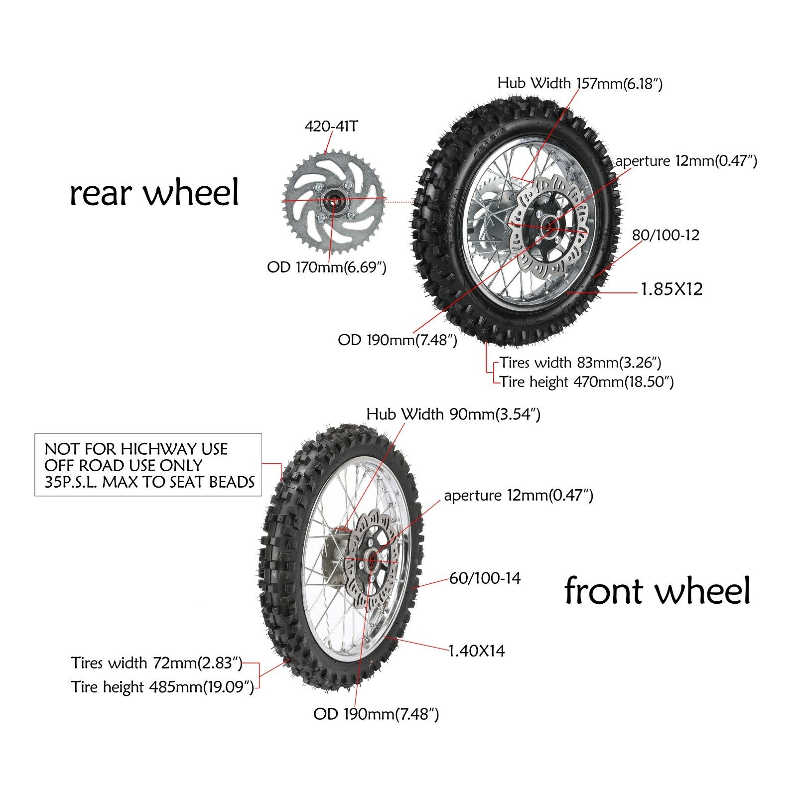 14-inch and 12-inch wheels, 60/100-14 and 80/100-12 tires, rims, Taotao 110cc and 125cc Dirt Pit bicycles