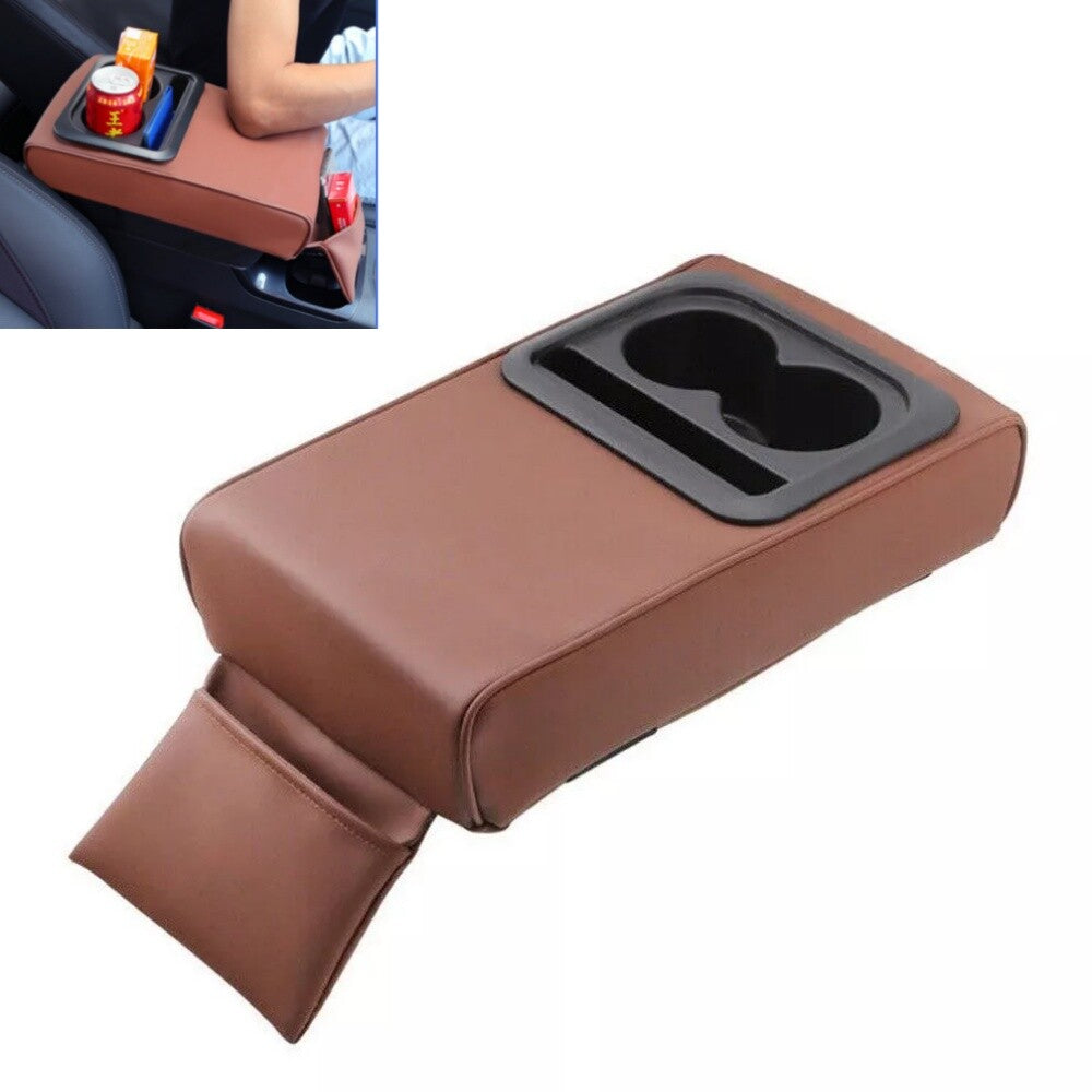 Brown Car Armrest Box Cushion Pad Center Console Cover With Cup Holder Storage