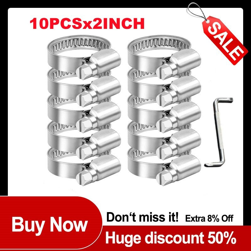 10-piece set of 2-inch adjustable hose clamp worm gear stainless steel clamps