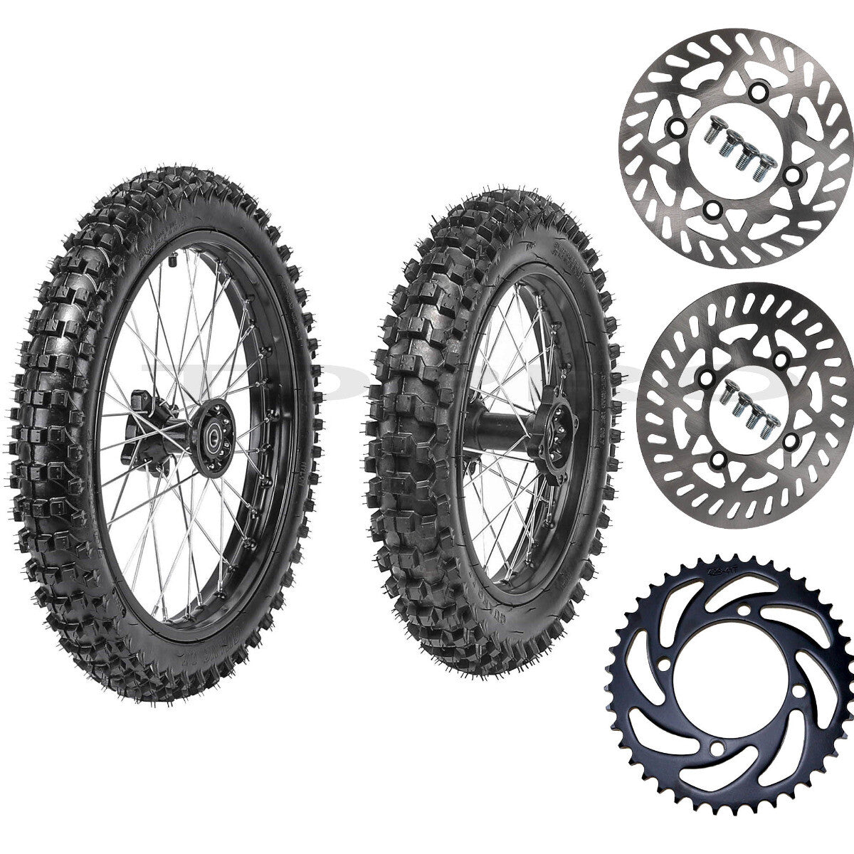 Front 70/100-17 + Rear 90/100-14 tires, wheelset, sprocket, and grooved tires for a 125cc SSR bicycle.