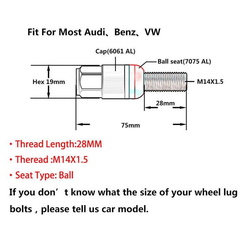 20PCS M14x1.5 Gold Wheel Lug Bolt 28mm Shank Ball for Seat Stud Set for Audi for VW for Benz