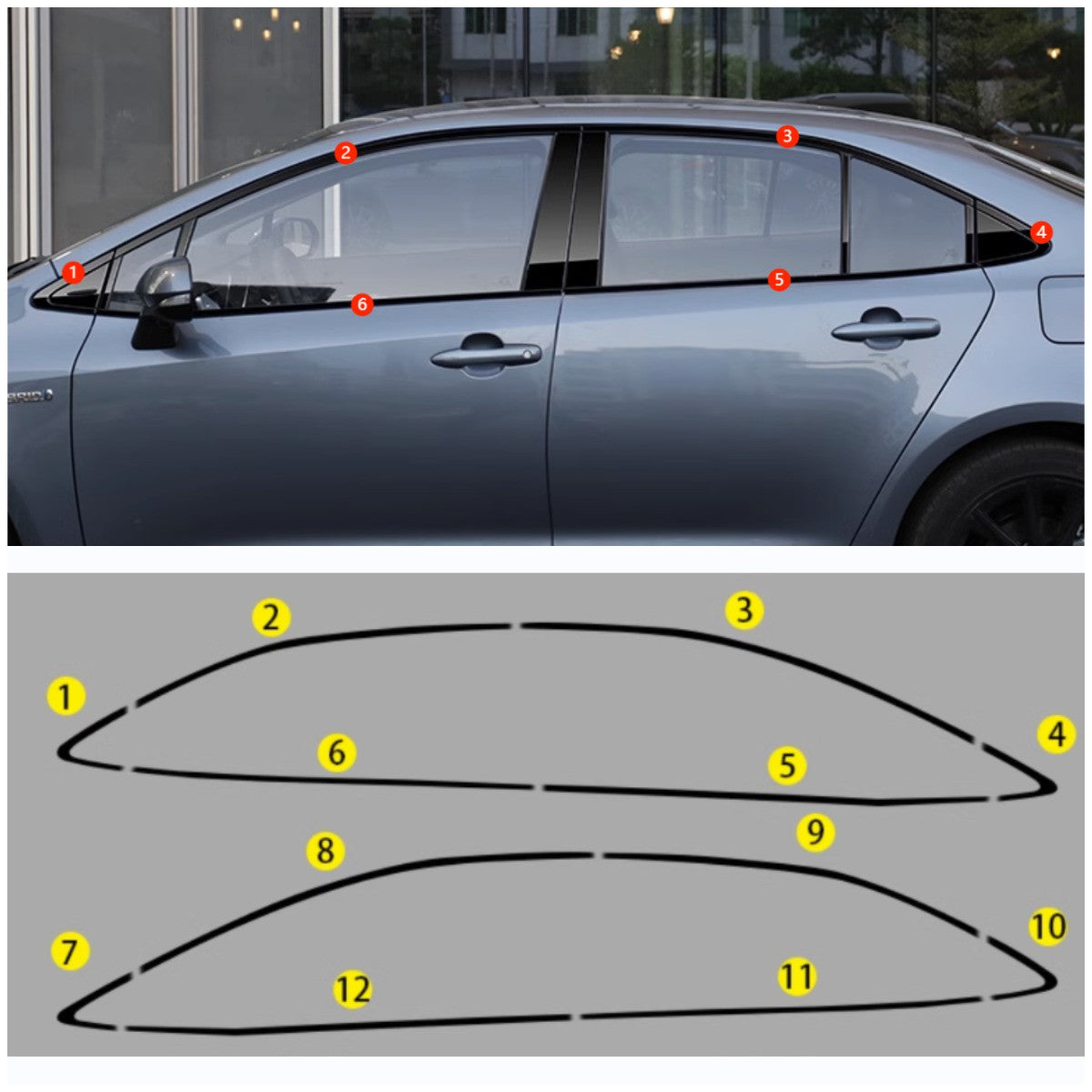 12PCS Steel Gloss Black Window Molding Cover Trim For 20-24 for Toyota for Corolla Sedan