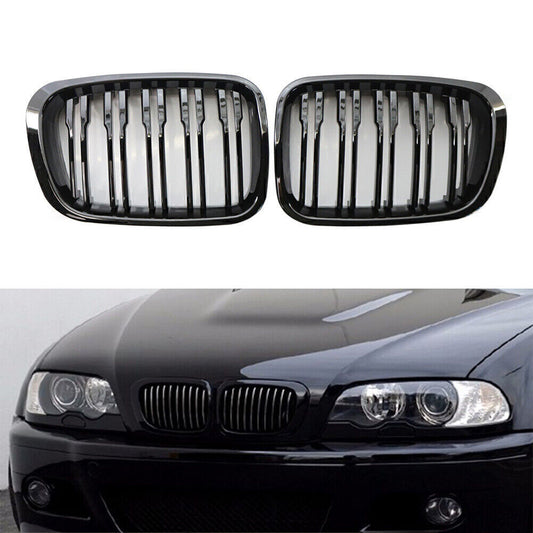 Front Twin Bar Grille Grills for BMW 3 Series E46 1999-2001 4 Door Gloss Black