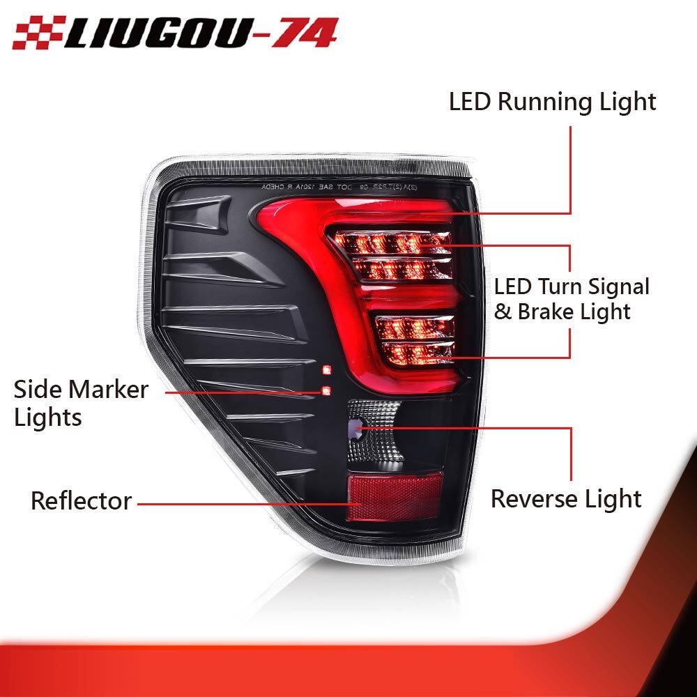 Suitable for 2009-14 for Ford F150 with chrome exterior, red LED taillights, and brake lights.