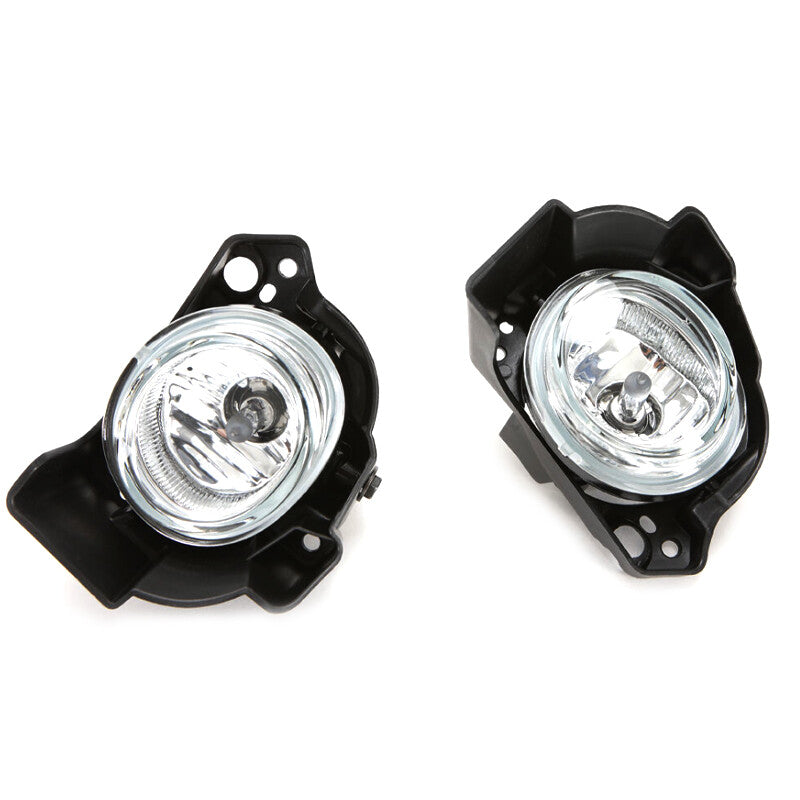 A pair of clear lens fog light kits with bezels, wires, and switches for Mazda 3 2014-2016.