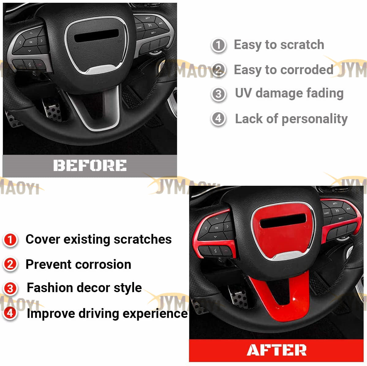 4pcs for Dodge for Jeep Red Steering Wheel Cover Trim Sticker Interior Accessories