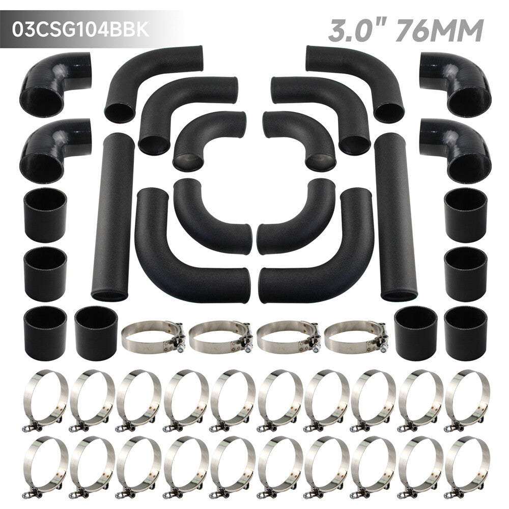 12PCS 3 76mm Universal Turbo Intercooler Pipe Piping+Silicone Hose Kit Black