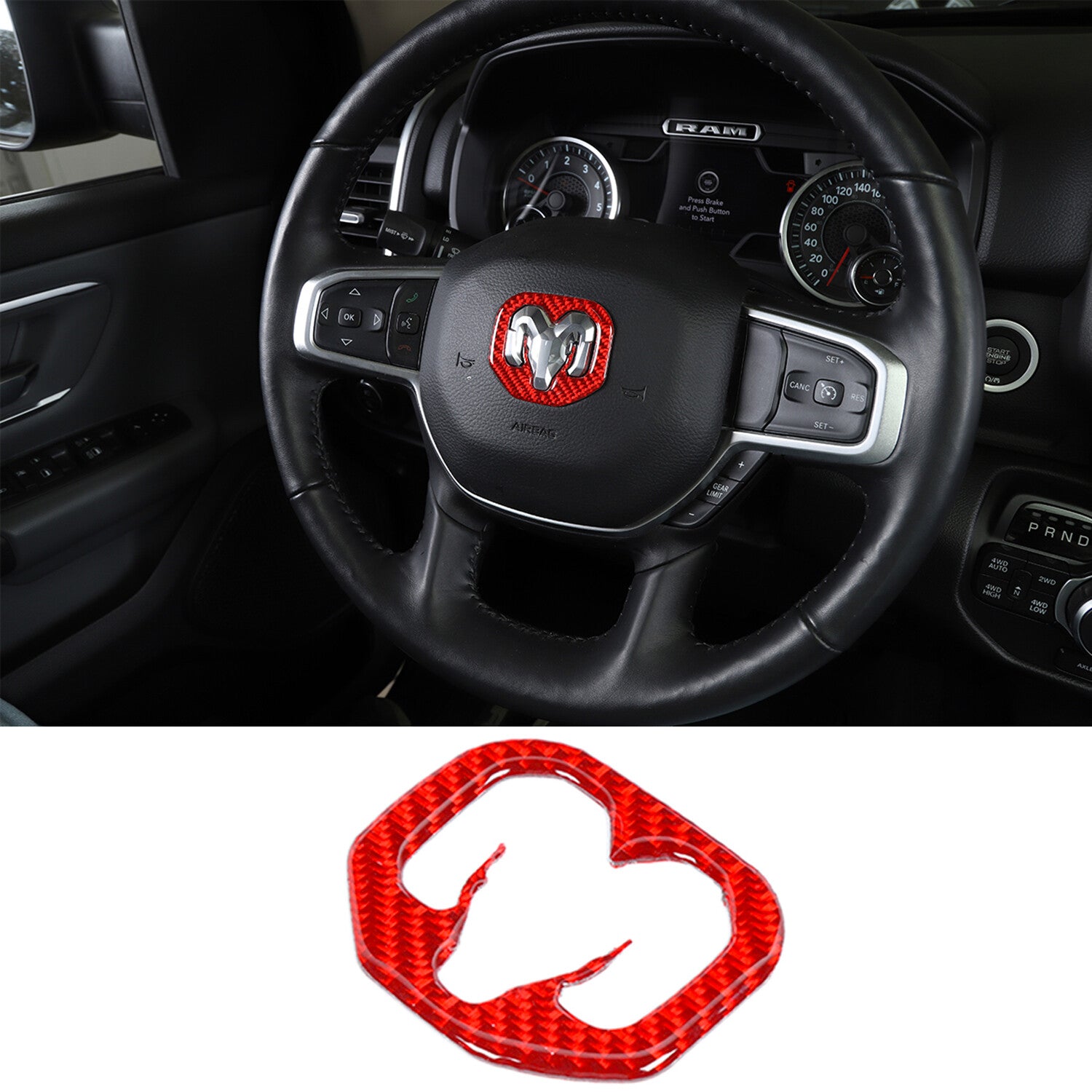 Red Carbon Fiber Steering Wheels Center Decoration Cover Trim for Ram 2018-2022