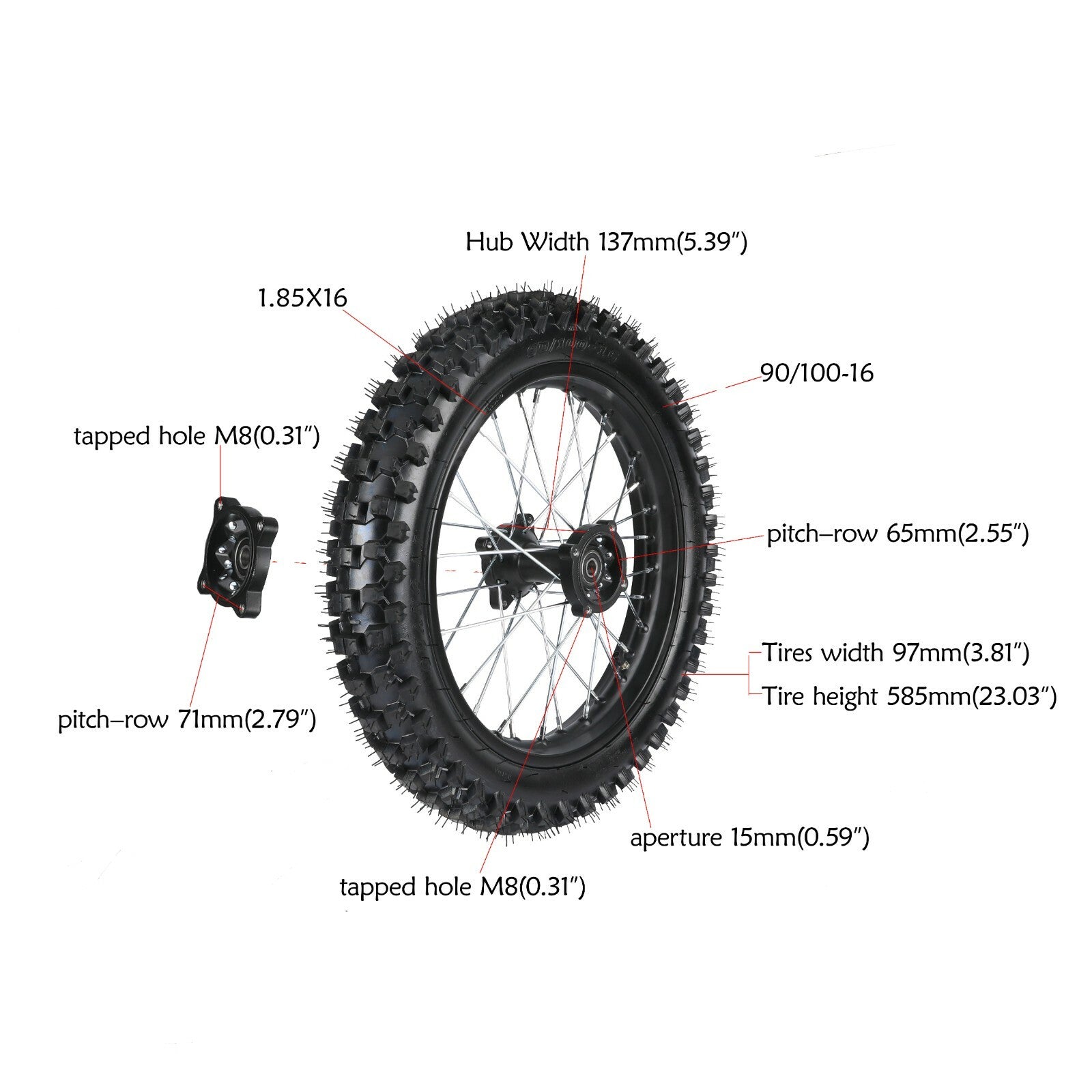 90/100-16 Rear Tire Rim + Sprocket for Dirt Pit Bikes TTR125 KX100 CRF100