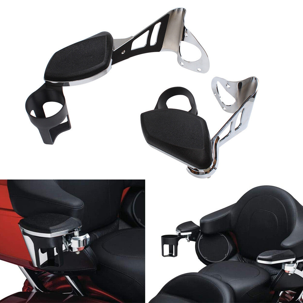 Chrome Rear Passenger Arm Rests W/ Drink Holder Fit for Harley Touring 2014-2023