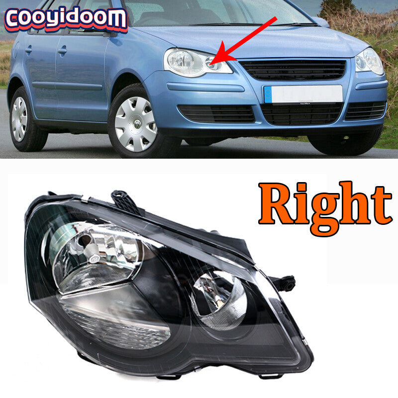 The black headlight assembly with the right front bumper fog light is suitable for Volkswagen POLO 9N3 (2006-2010).