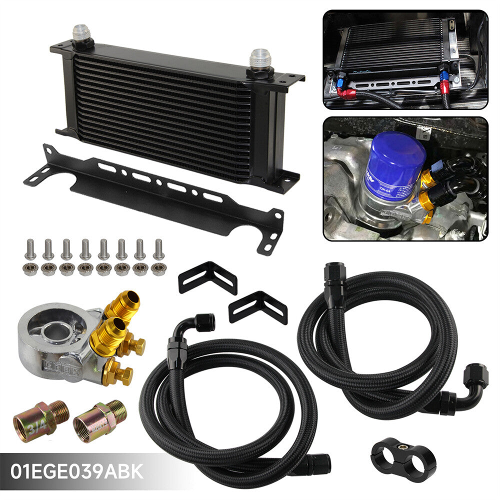 Universal 16 Row Oil Cooler+AN10 Oil Adapter w/Thermostat +Braided Hose Line Kit