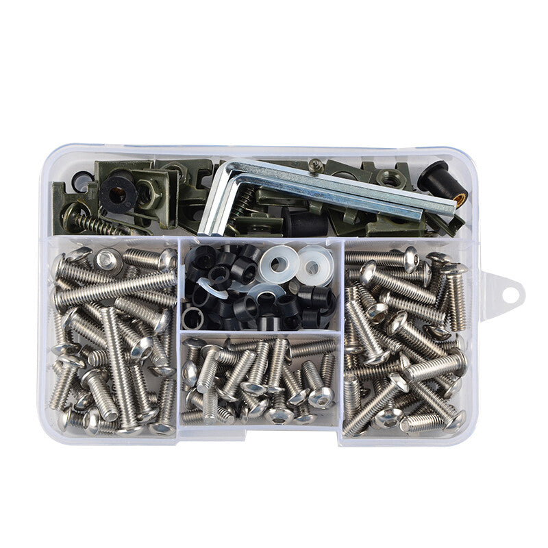 155-piece set of stainless steel motorcycle body shell fairing bolts, plates, screws, nuts, and accessories.