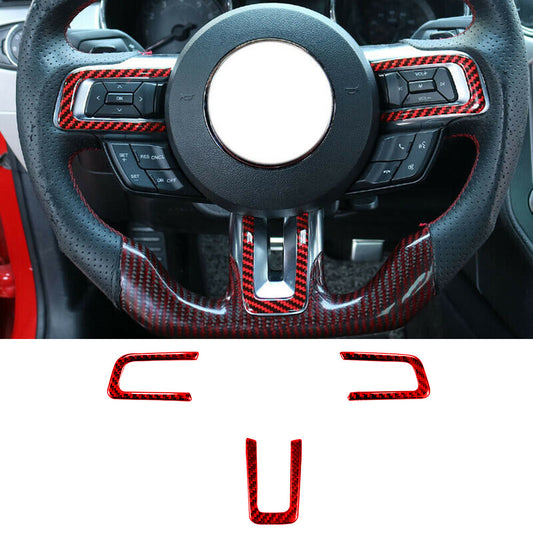 3¡ÁRed Carbon Fiber Interior Steering Wheel Button Cover for Ford for Mustang 2015-22