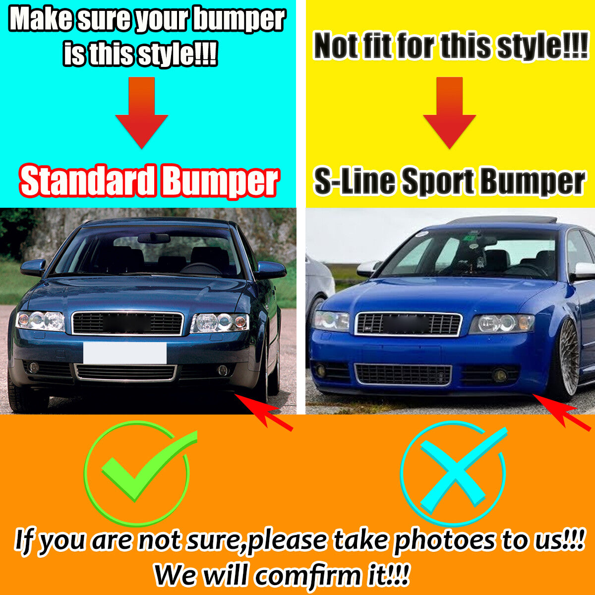 4-piece front bumper grille, center mesh grille, fog lights, barbecue grille for 2002-05 for Audi A4 B6