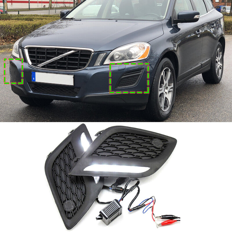 A pair of LED daytime running lights and fog lights for Volvo XC60 (approximately 2011, 2012, and 2013 models).