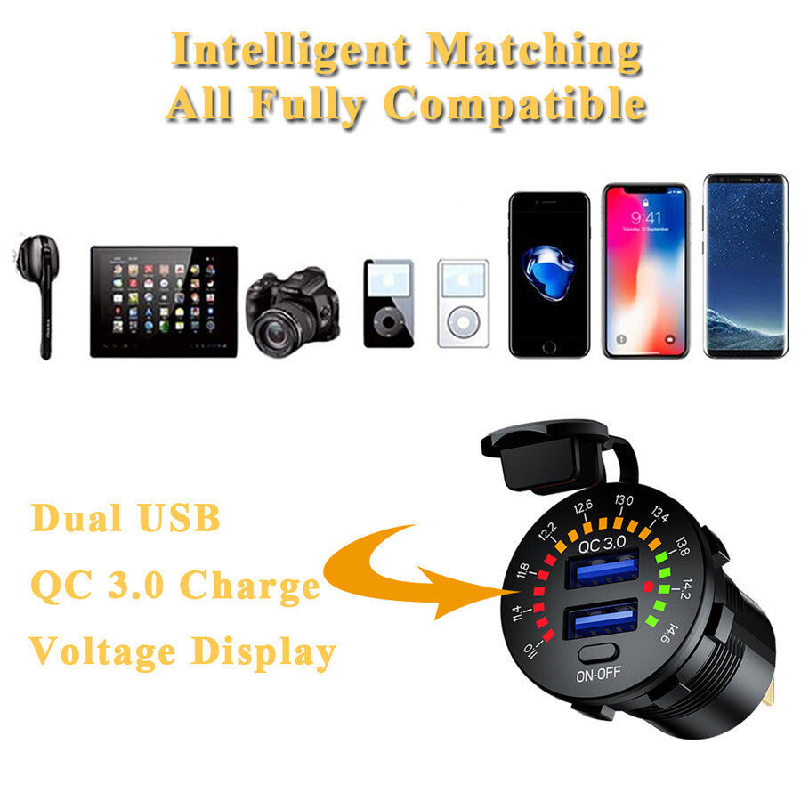 12V/24V Car Charger Socket Dual USB Port Fast Charging LED Voltmeter Waterproof