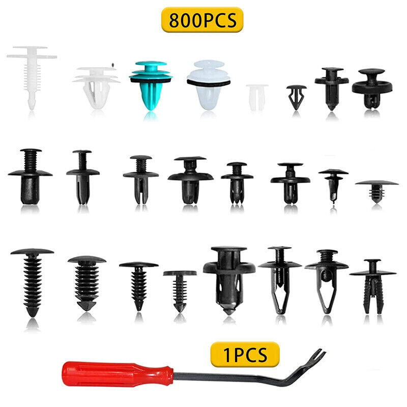 821-piece car fastener kit with decorative plastic clips, rivets, and bumper fasteners.