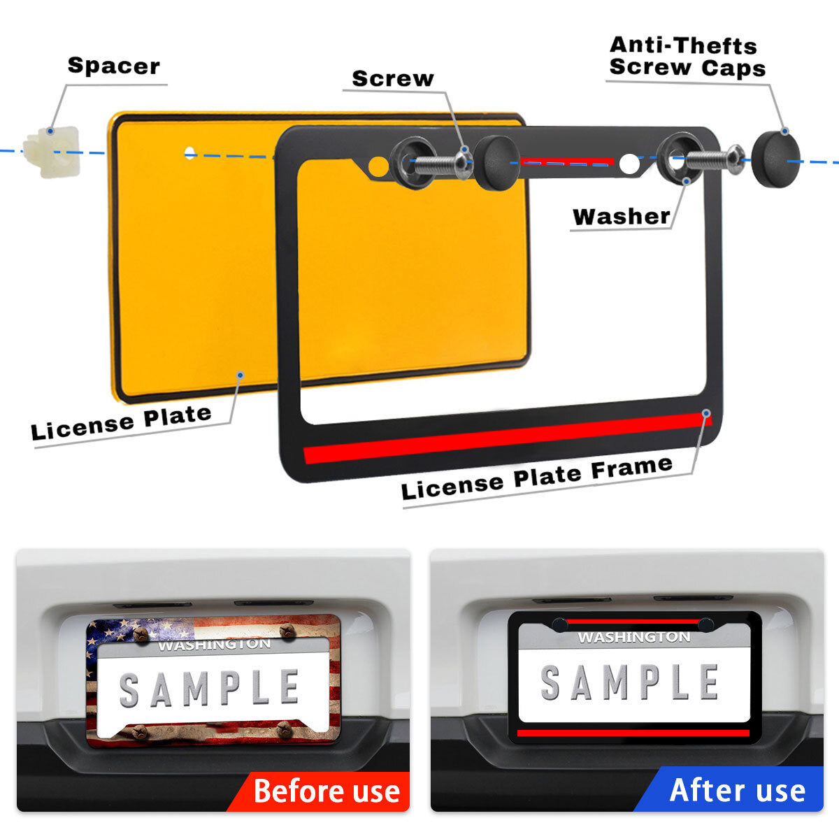2pcs Metal Red Line Car License Plate Frame Tag Covers for Honda Accessories