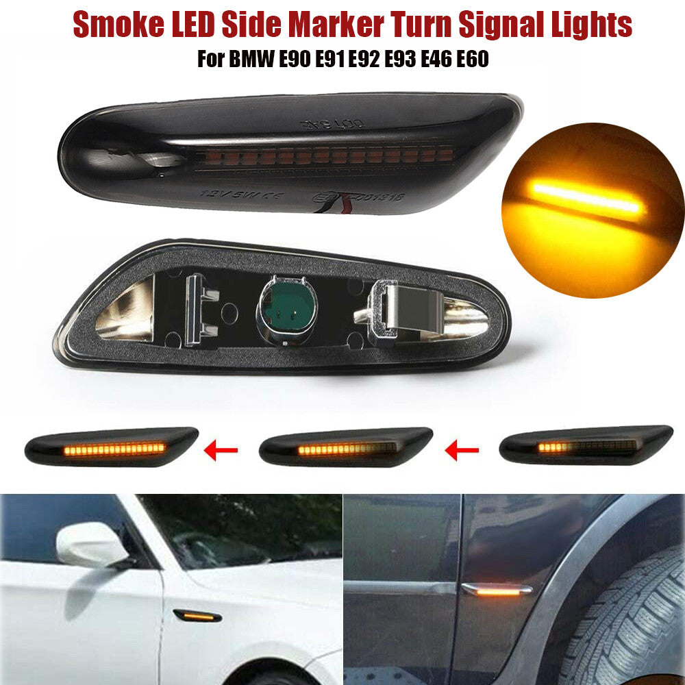 A pair of LED side marker lights with dynamic turn signals are suitable for BMW E90, E91, E92, E93, E46, and E60.