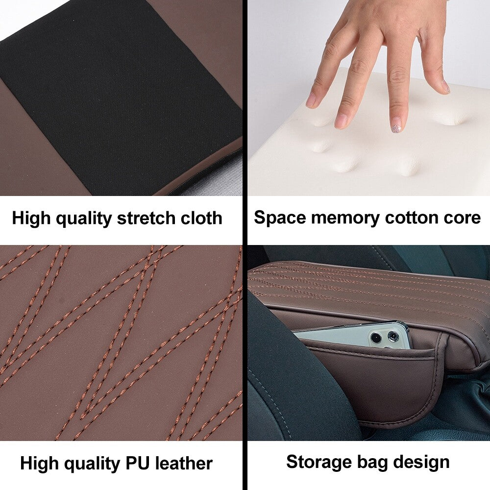 Car Armrest Cushion PU Auto Center Console Pad, Memory Foam Armrest Box Brown