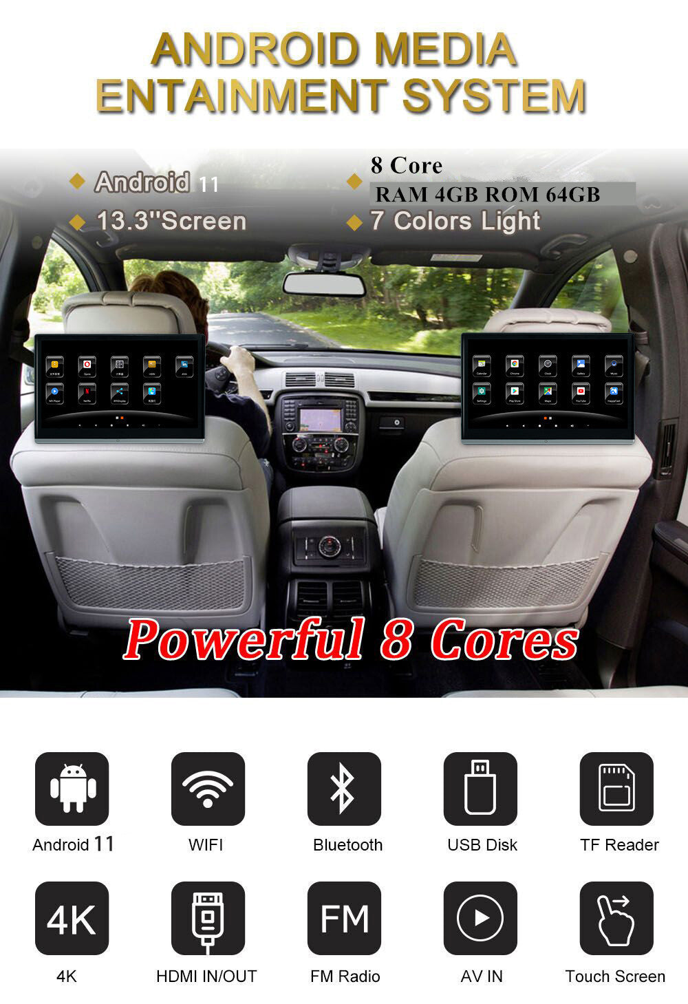 2Pcs Car Rear Headrest Monitor Player Touch Screen BT 1080P WIFI 4+64G 13.3in