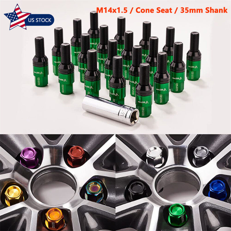 20x M14x1.5 Green Wheel Lug Bolt 35mm Shank Cone for Seat Stud for Most Aftermarket