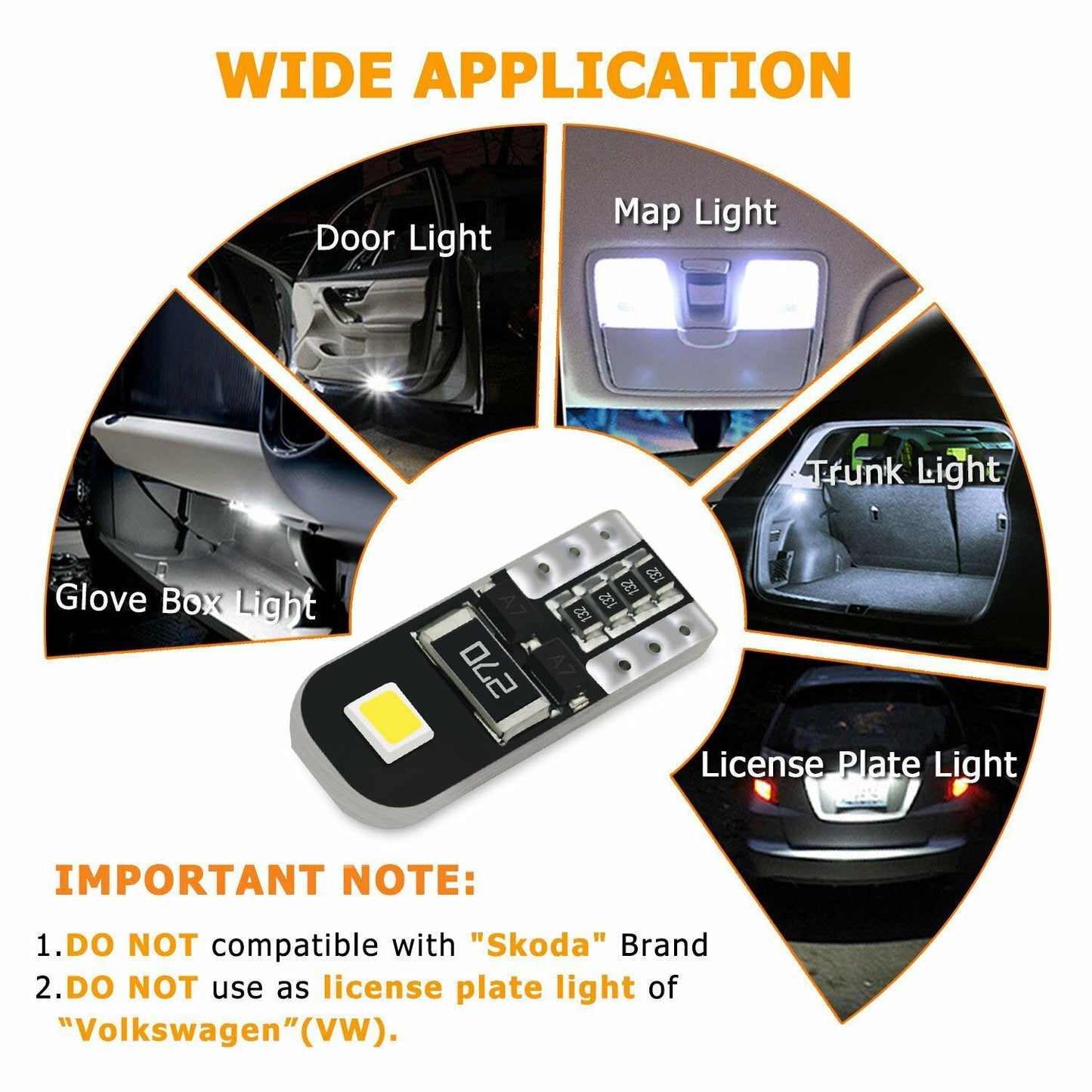 CANBUS 10-pack White 6000K T10 2825 2835 SMD LED Indoor Door Bulbs - 168 194